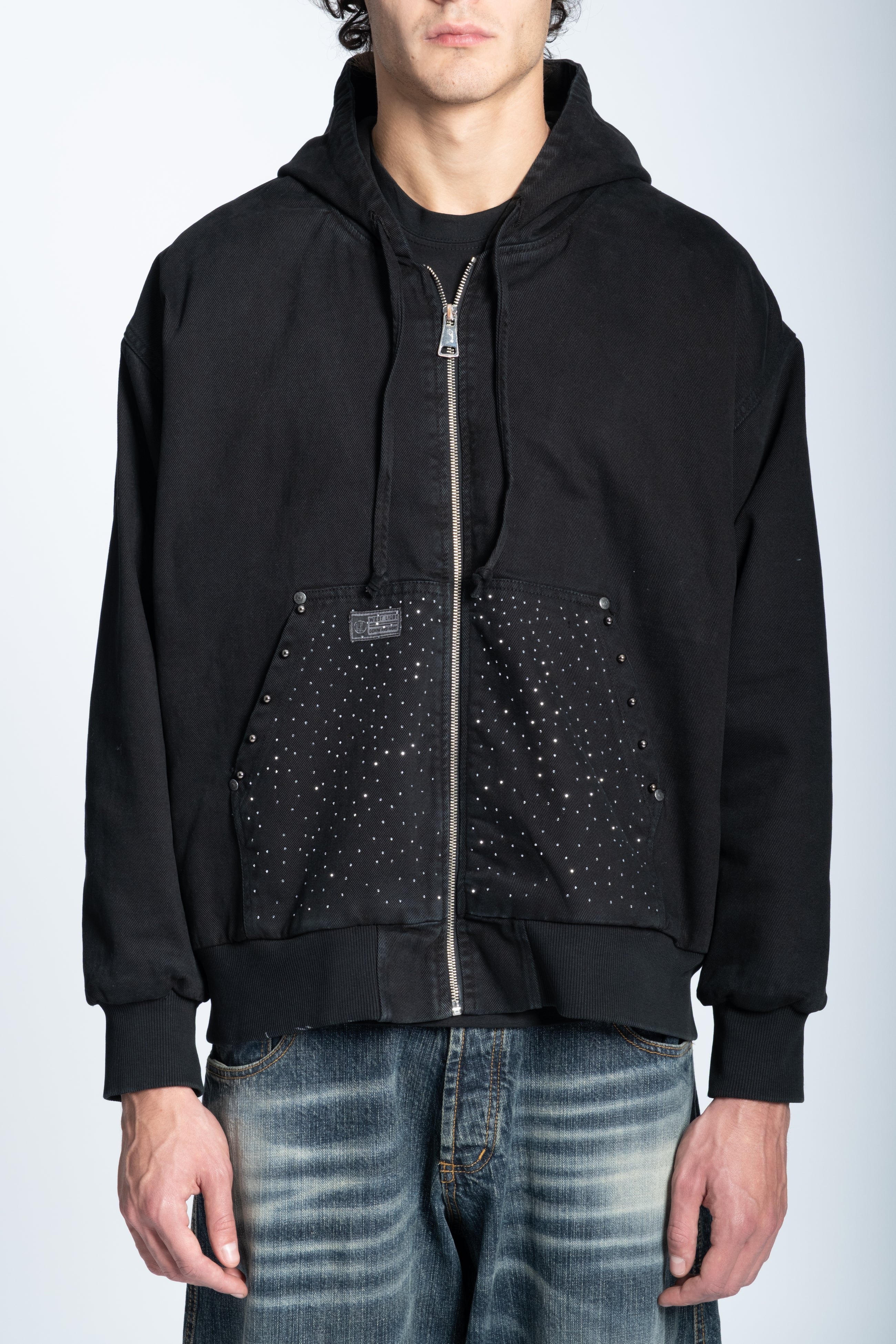 STUDDED DENIM ZIP JACKET