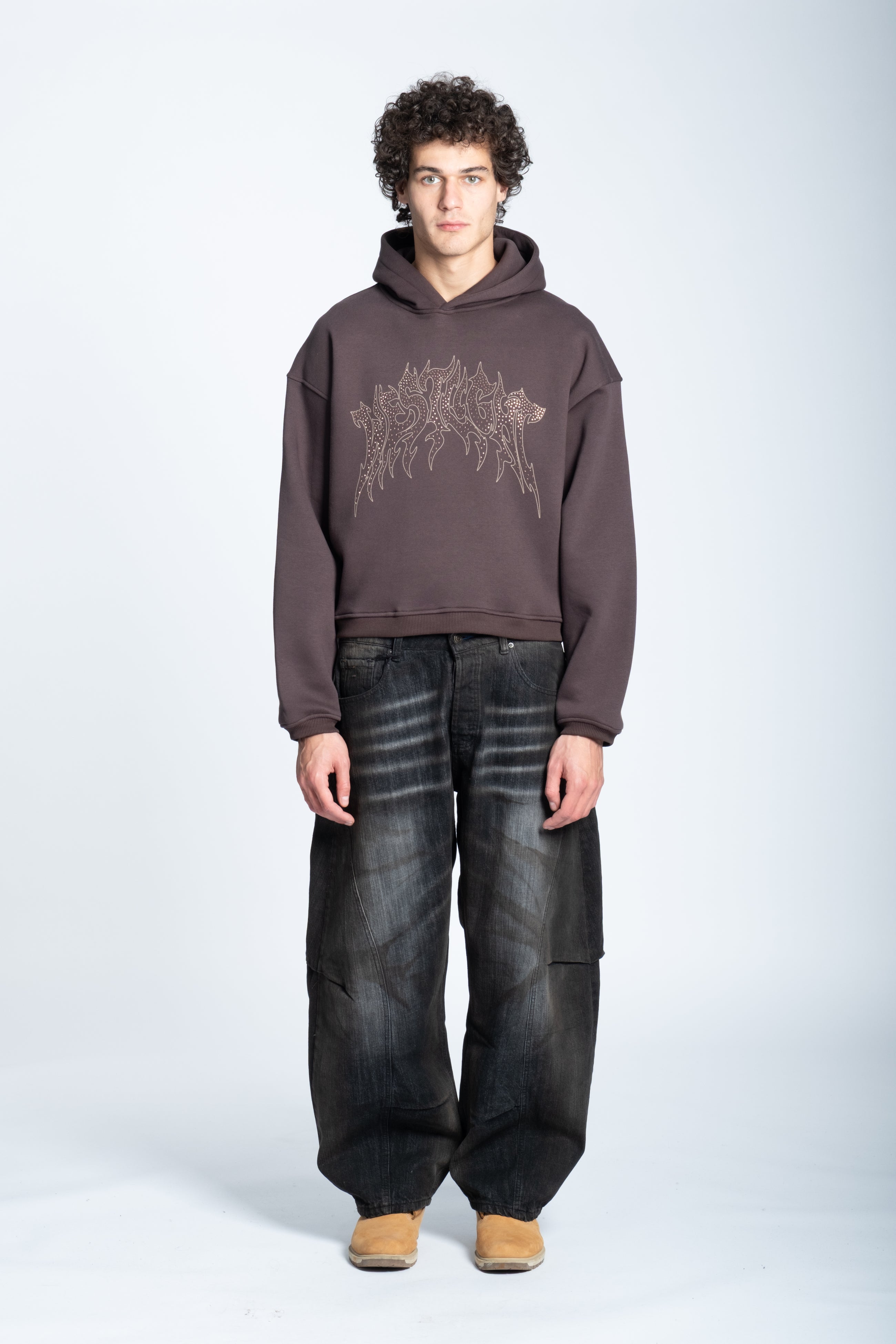 CROPPED STRASS GRAPHIC HOODIE DARK BROWN