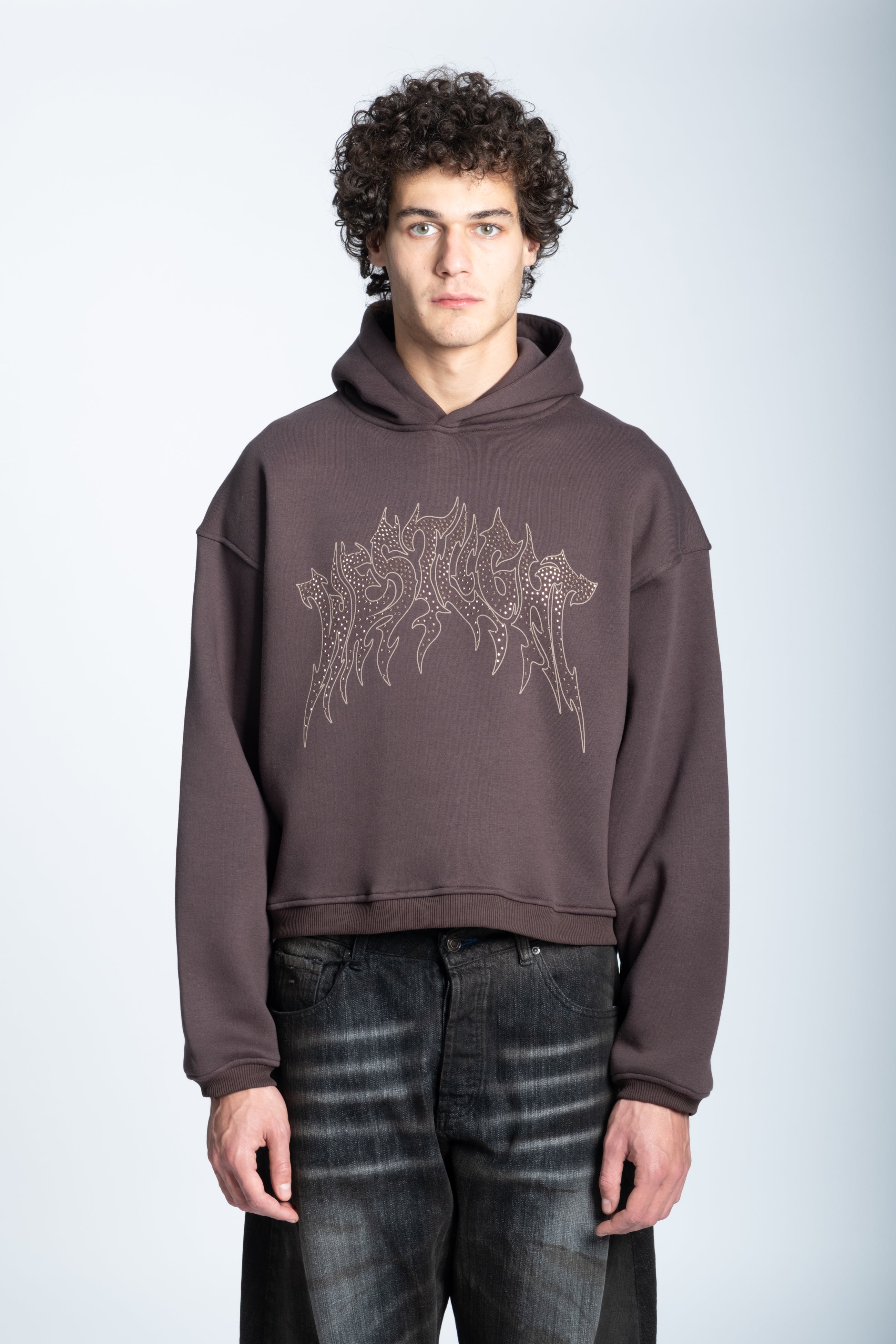 CROPPED STRASS GRAPHIC HOODIE DARK BROWN