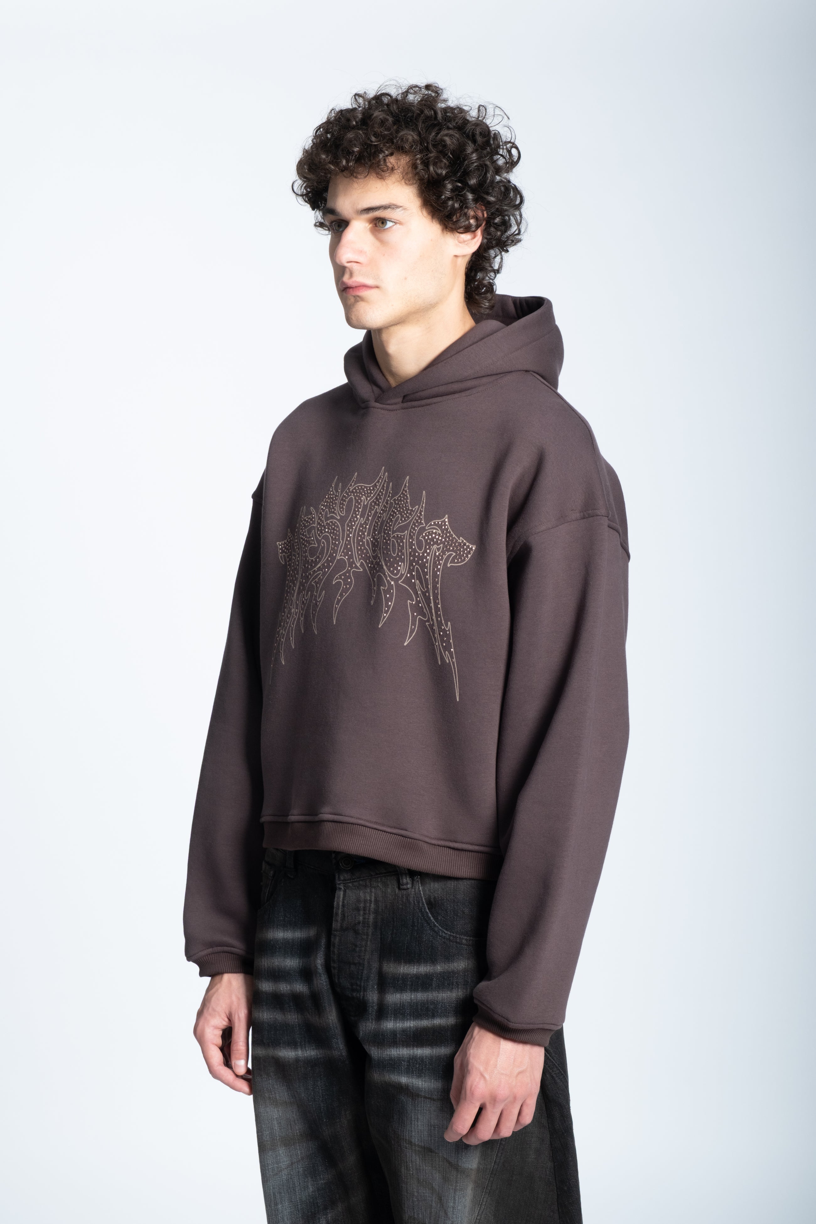 CROPPED STRASS GRAPHIC HOODIE DARK BROWN