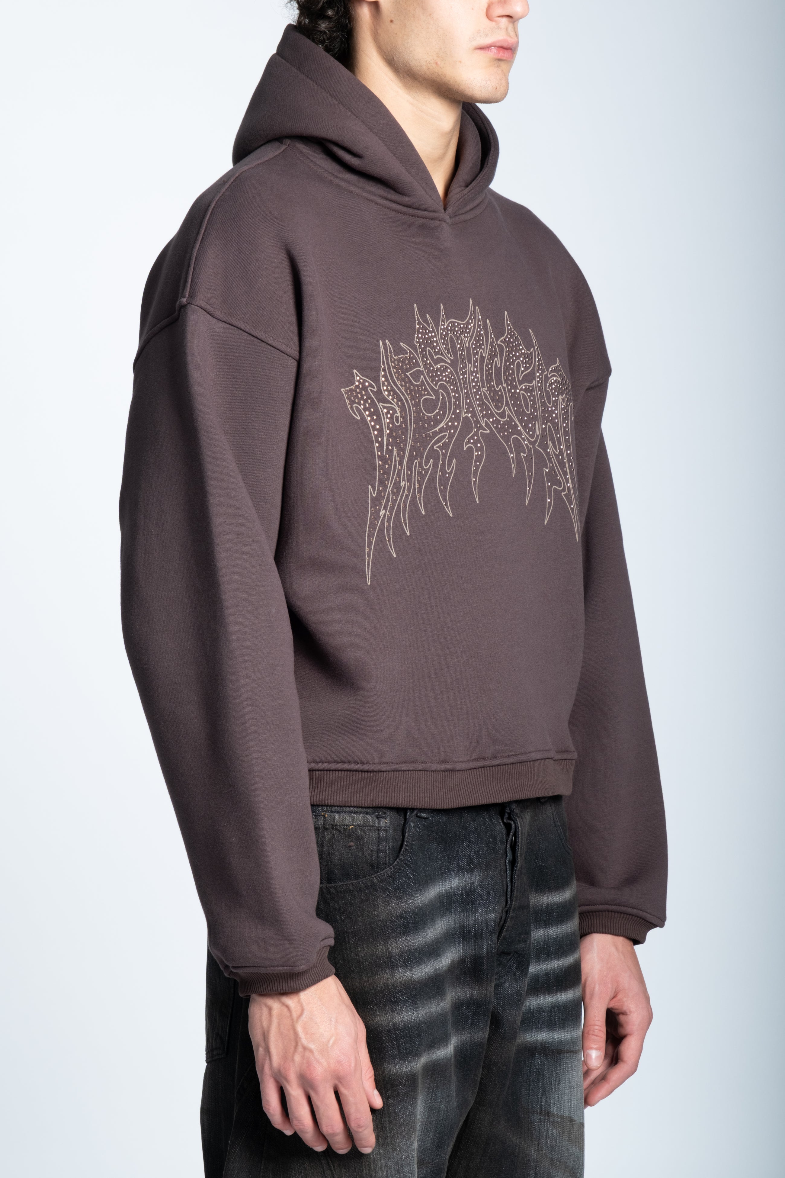 CROPPED STRASS GRAPHIC HOODIE DARK BROWN