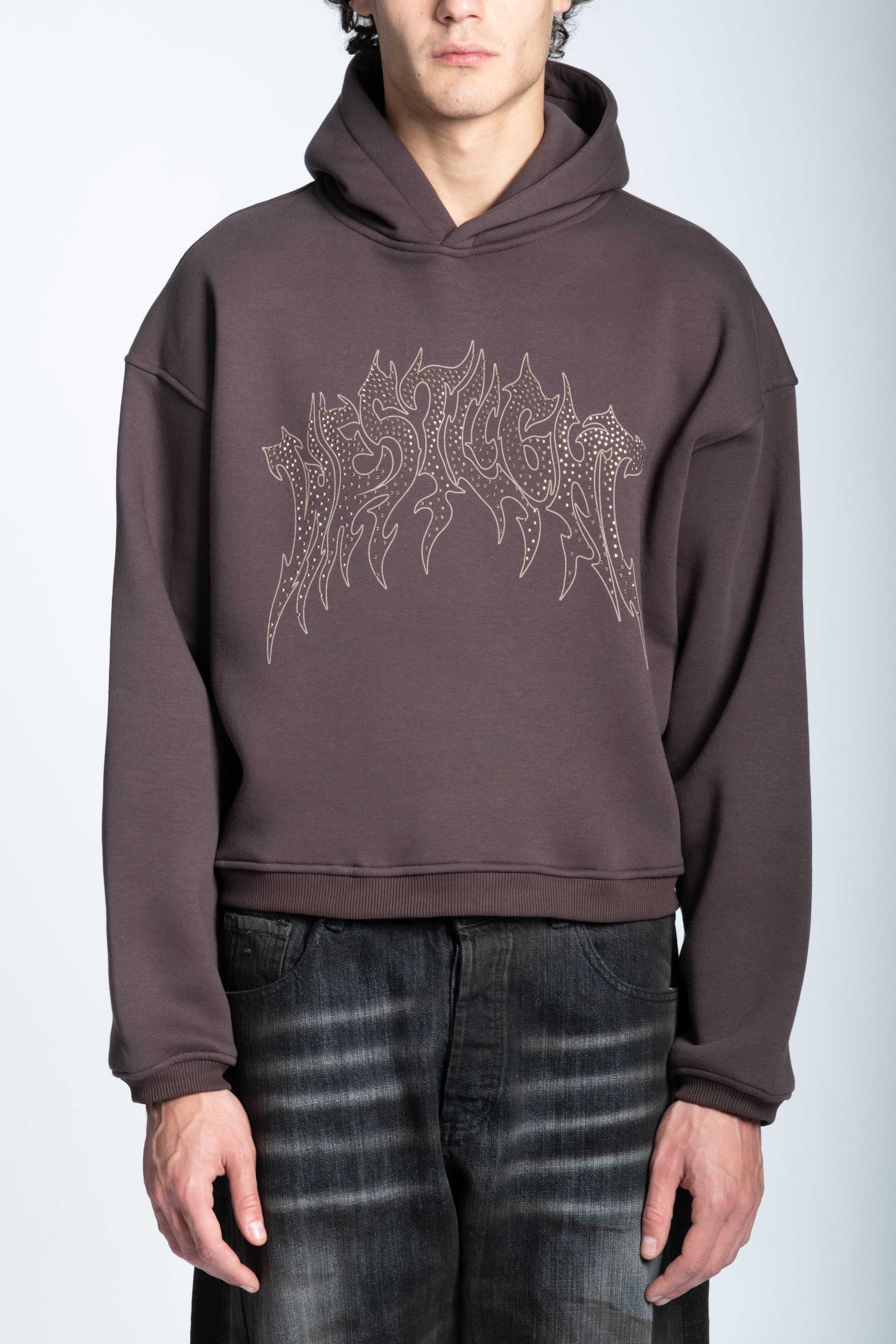 CROPPED STRASS GRAPHIC HOODIE DARK BROWN