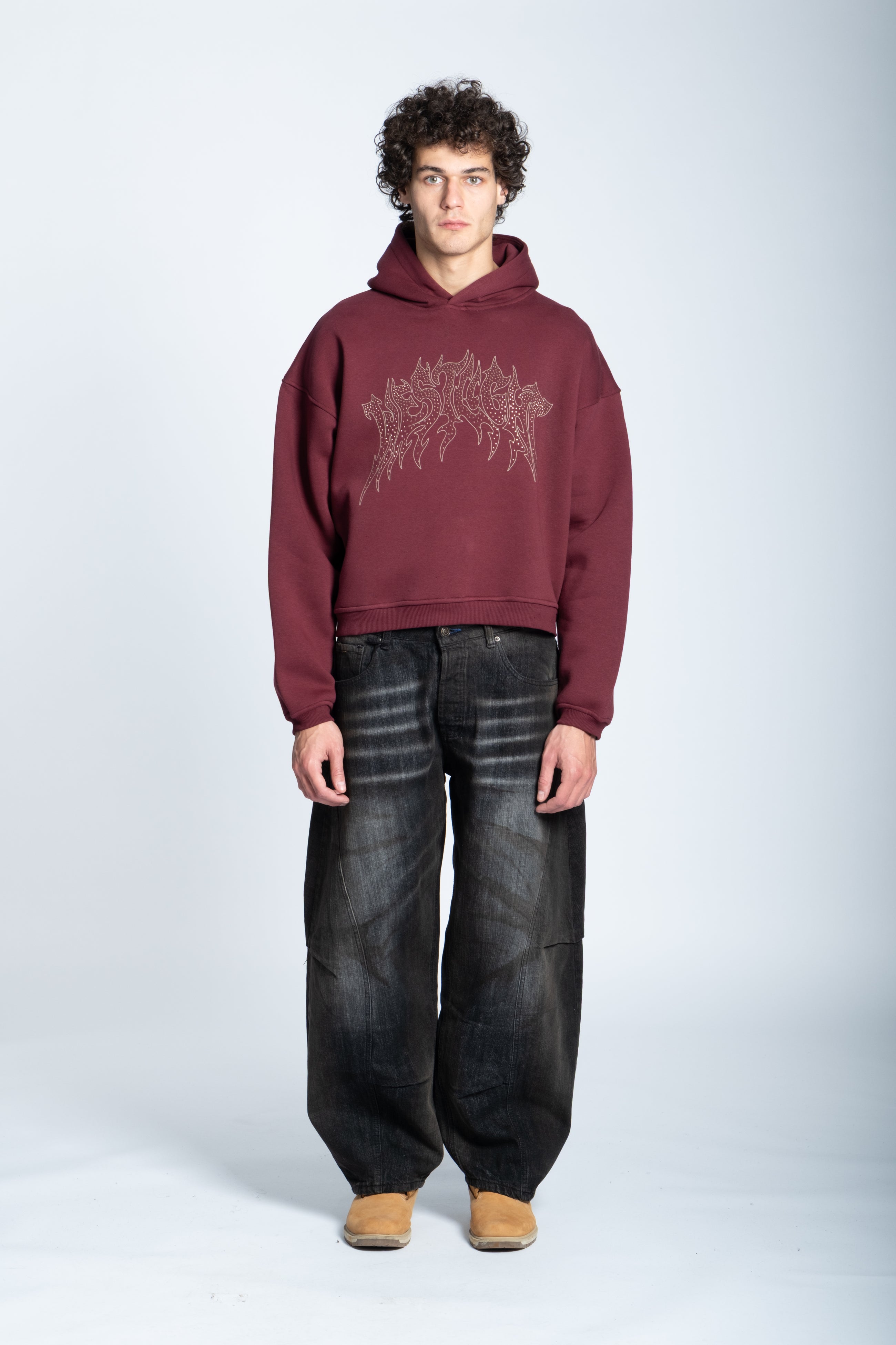 CROPPED STRASS GRAPHIC HOODIE BORDEAUX