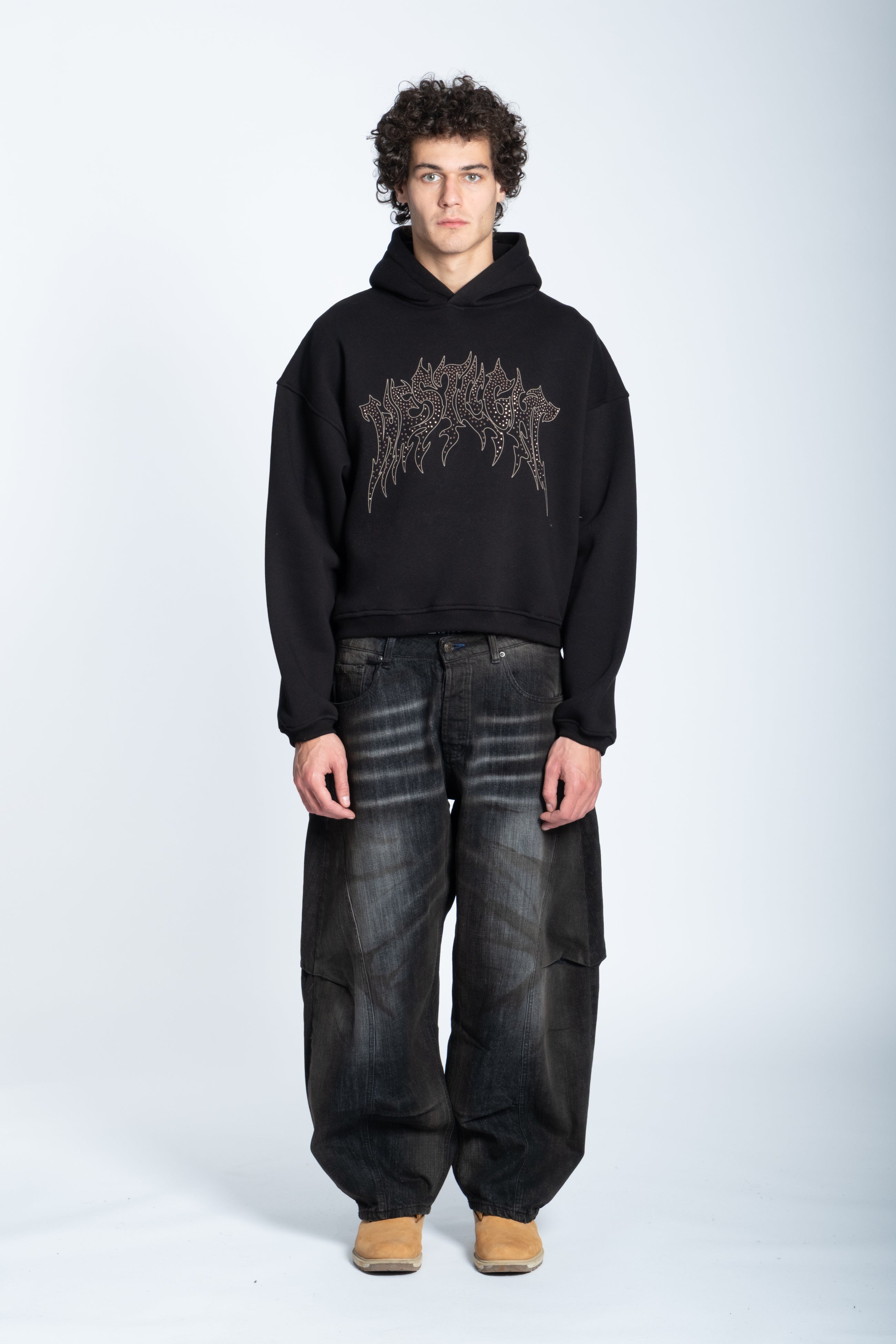 CROPPED STRASS GRAPHIC HOODIE BLACK