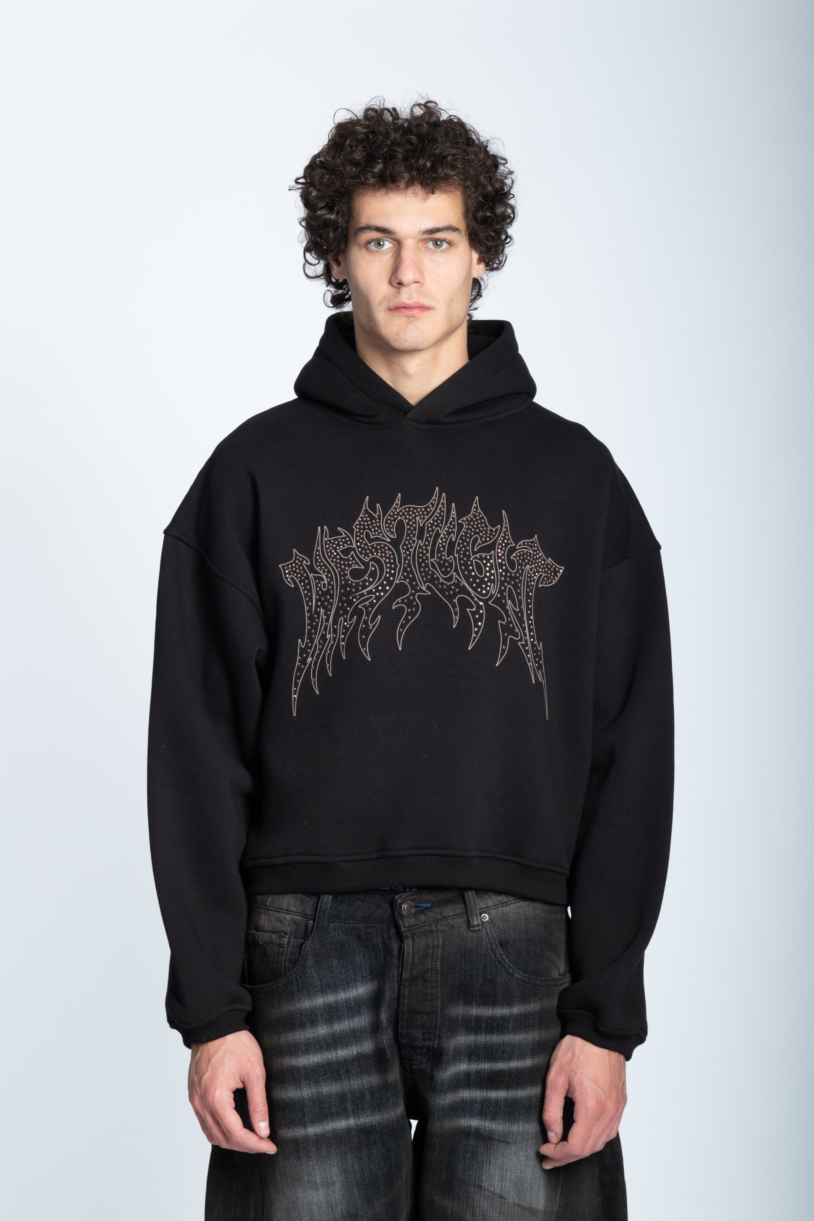 CROPPED STRASS GRAPHIC HOODIE BLACK