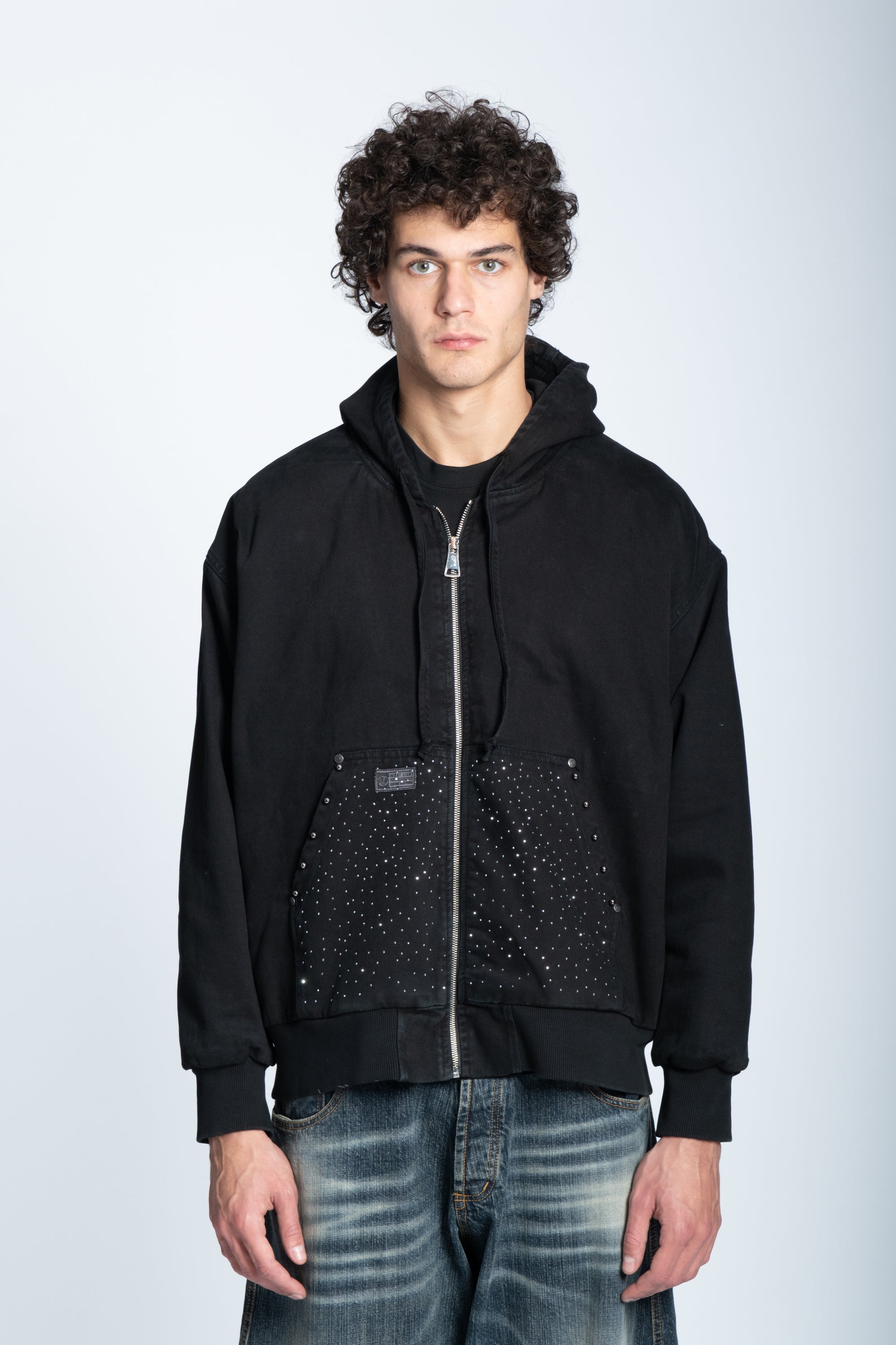 STUDDED DENIM ZIP JACKET