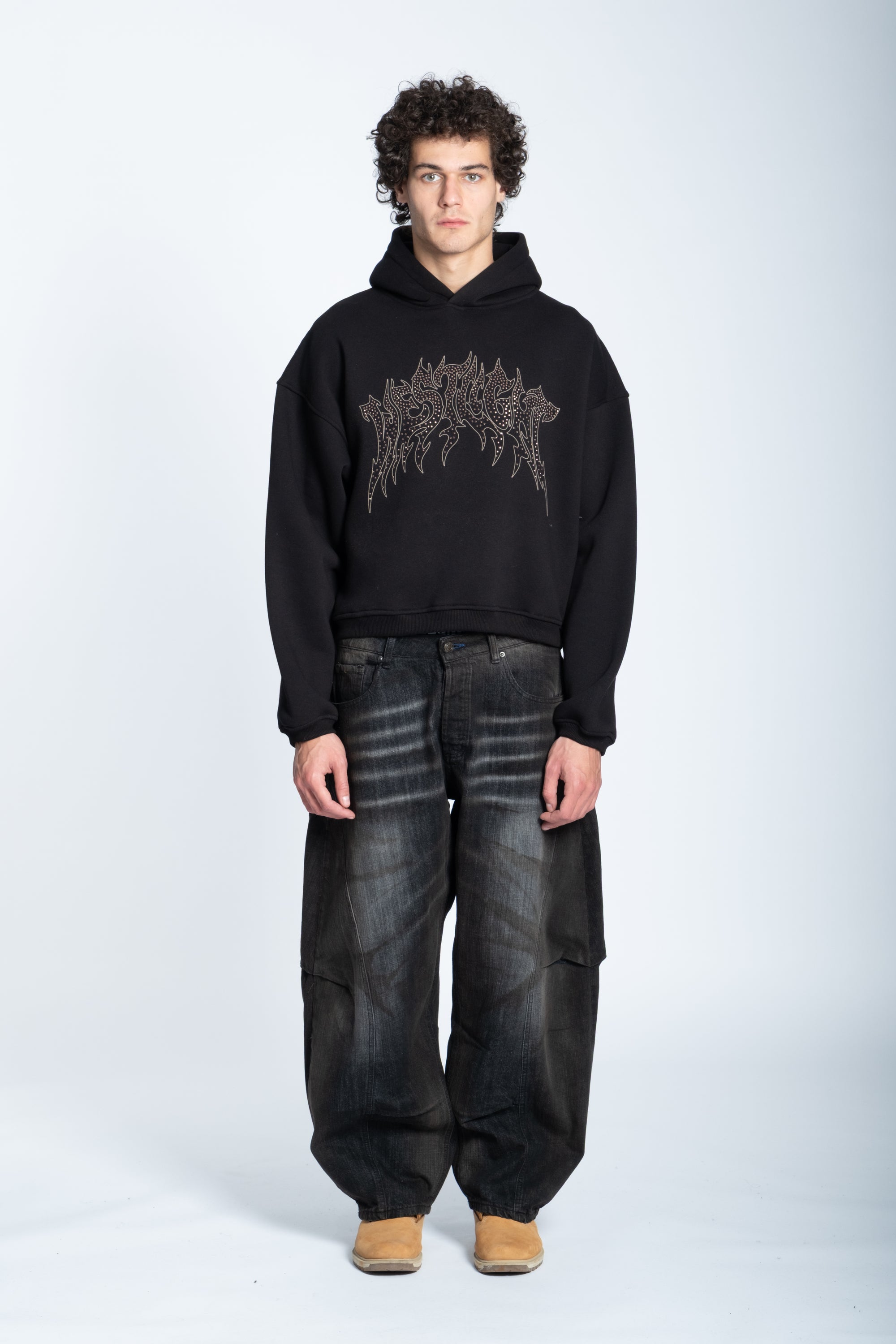 CROPPED STRASS GRAPHIC HOODIE BLACK