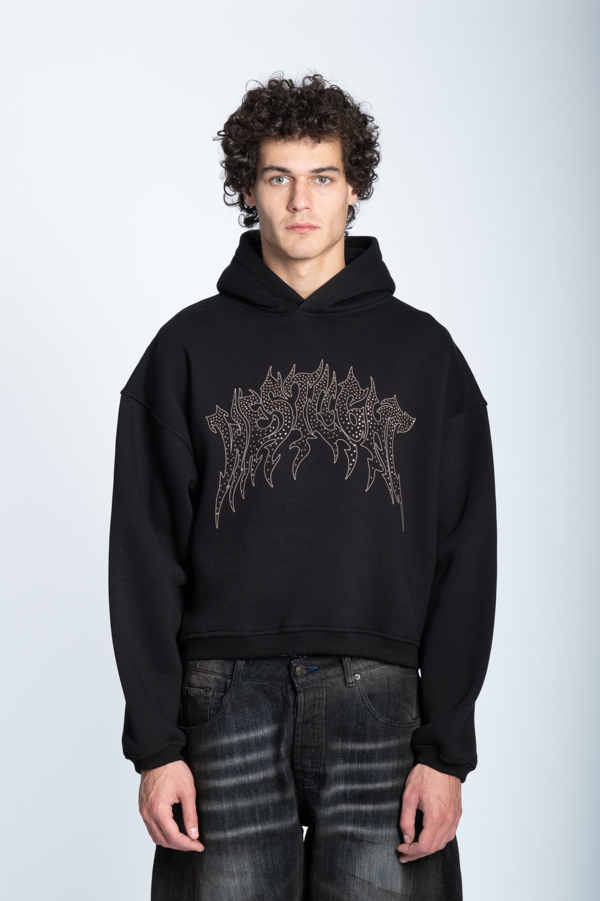 CROPPED STRASS GRAPHIC HOODIE BLACK