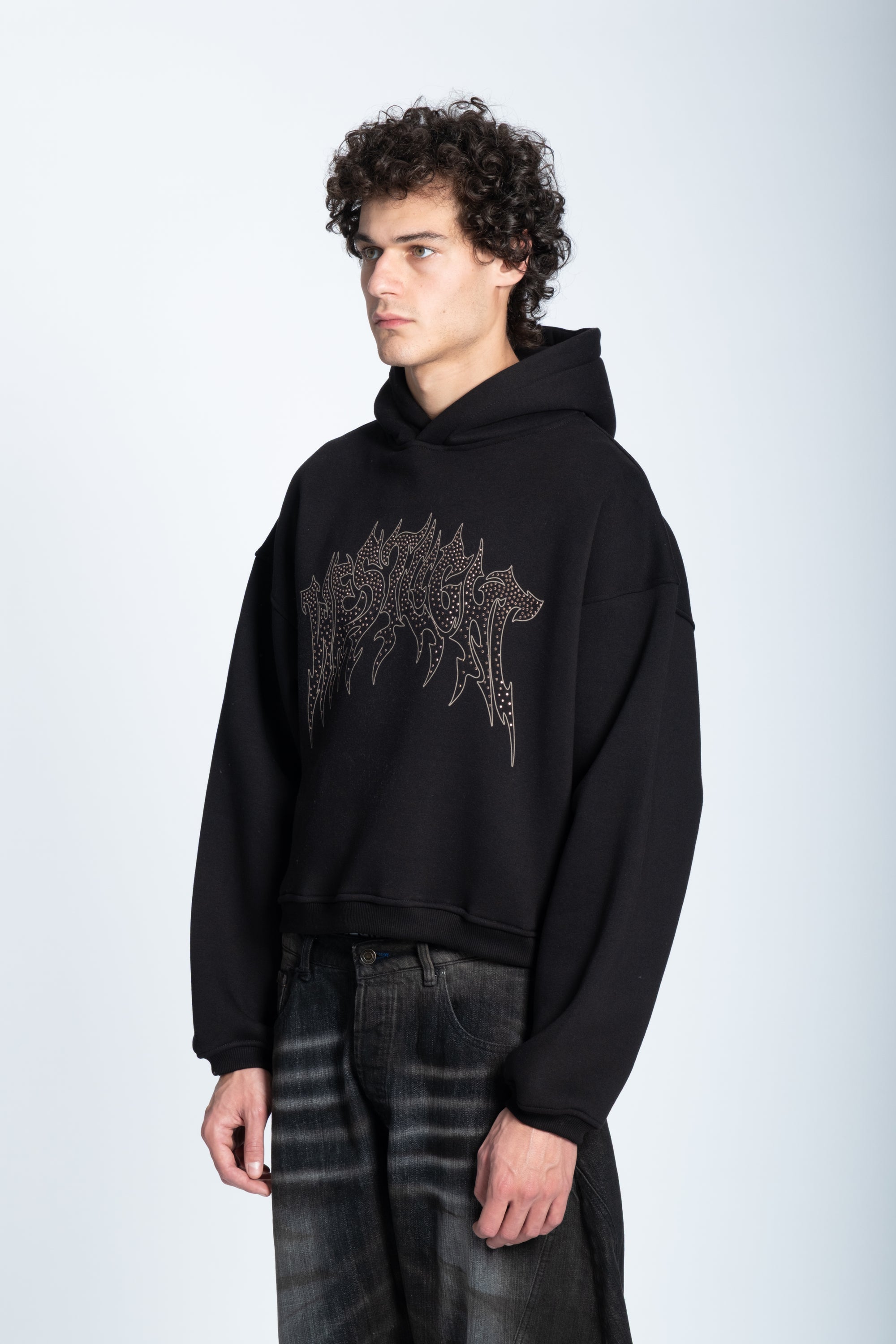 CROPPED STRASS GRAPHIC HOODIE BLACK