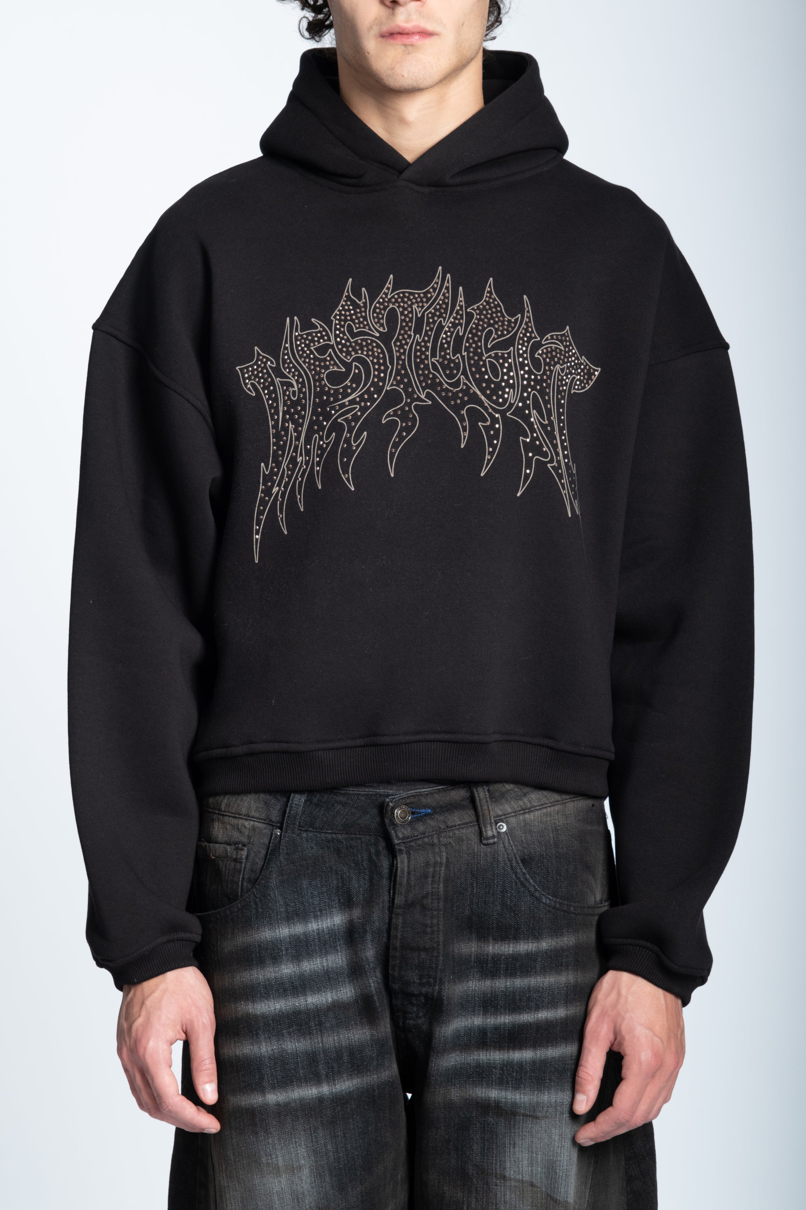CROPPED STRASS GRAPHIC HOODIE BLACK