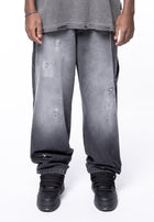 5 pocket black denim vintage wash &amp; spot