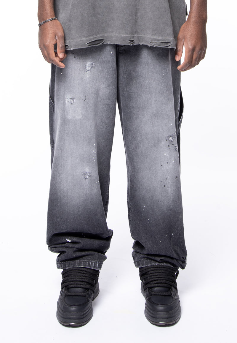 5 pocket black denim vintage wash &amp; spot