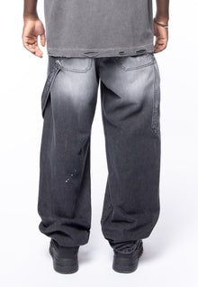 5 pocket black denim vintage wash &amp; spot