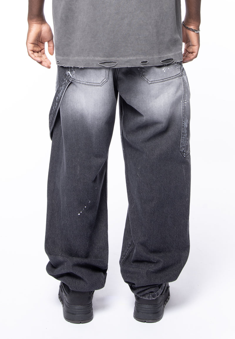 5 pocket black denim vintage wash &amp; spot