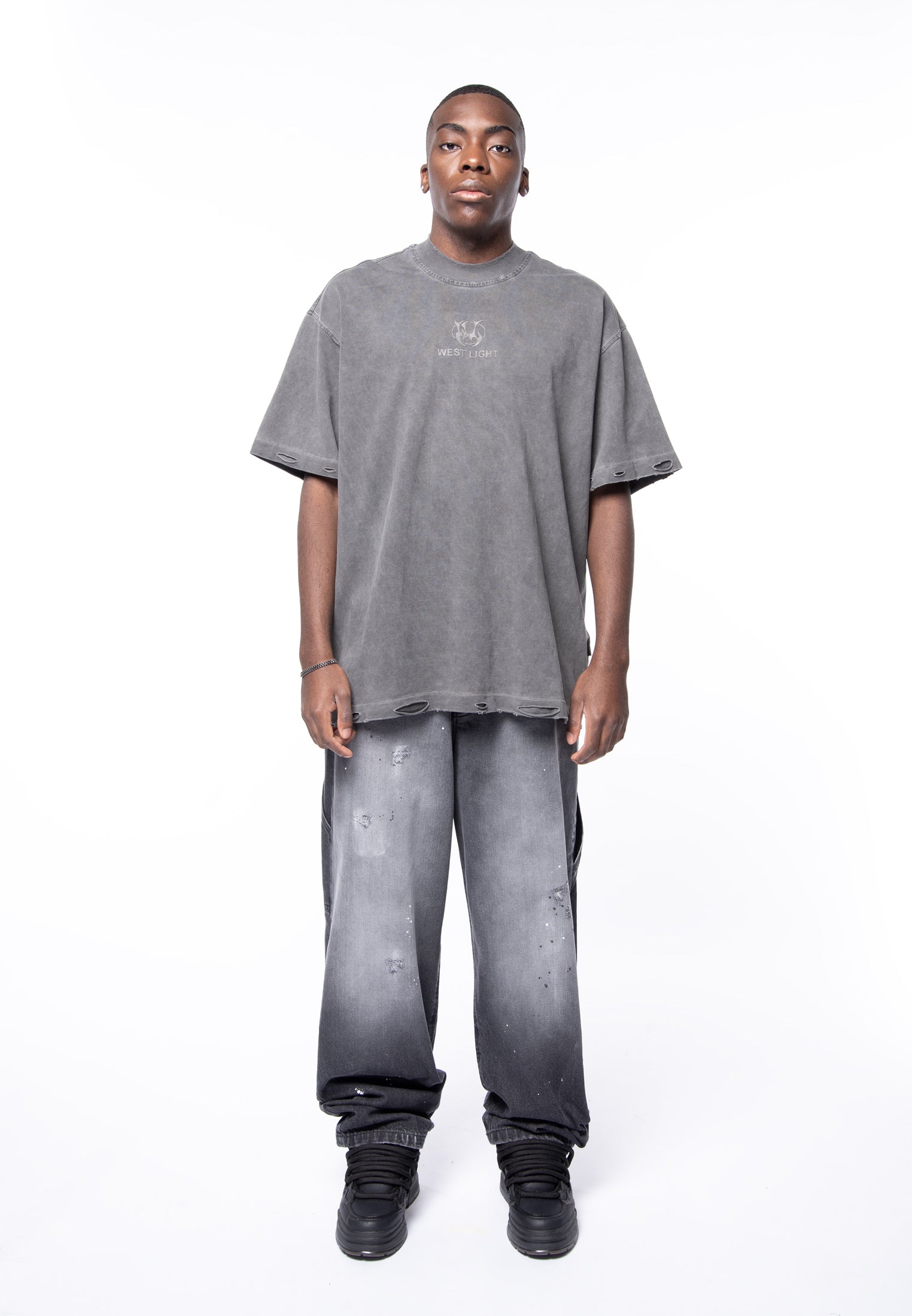 5 pocket black denim vintage wash &amp; spot