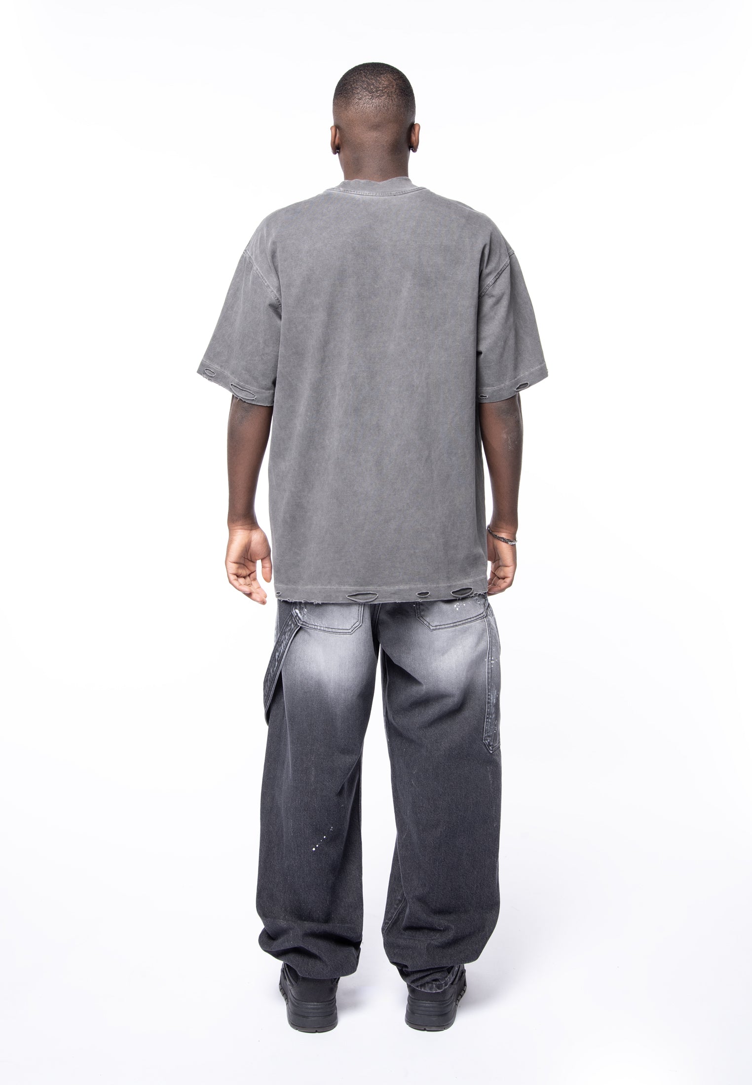 5 pocket black denim vintage wash &amp; spot