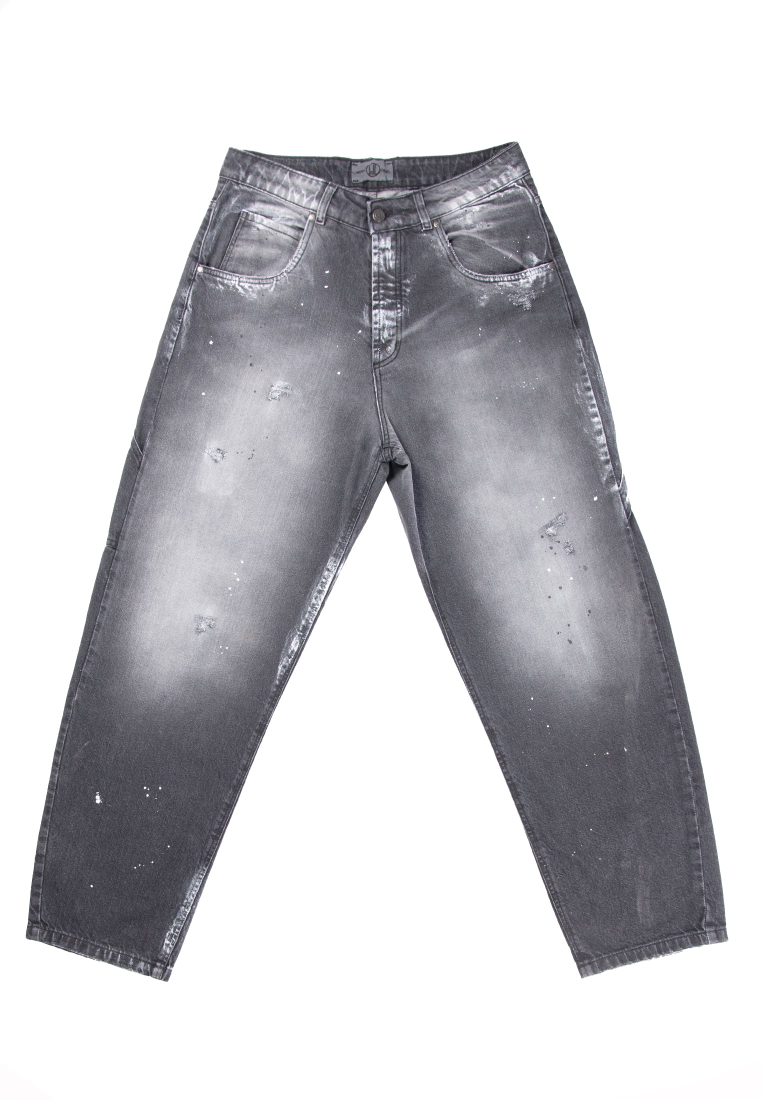 5 pocket black denim vintage wash &amp; spot