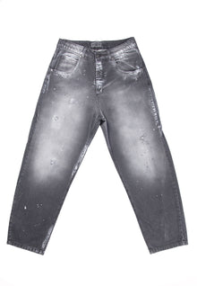 5 pocket black denim vintage wash &amp; spot