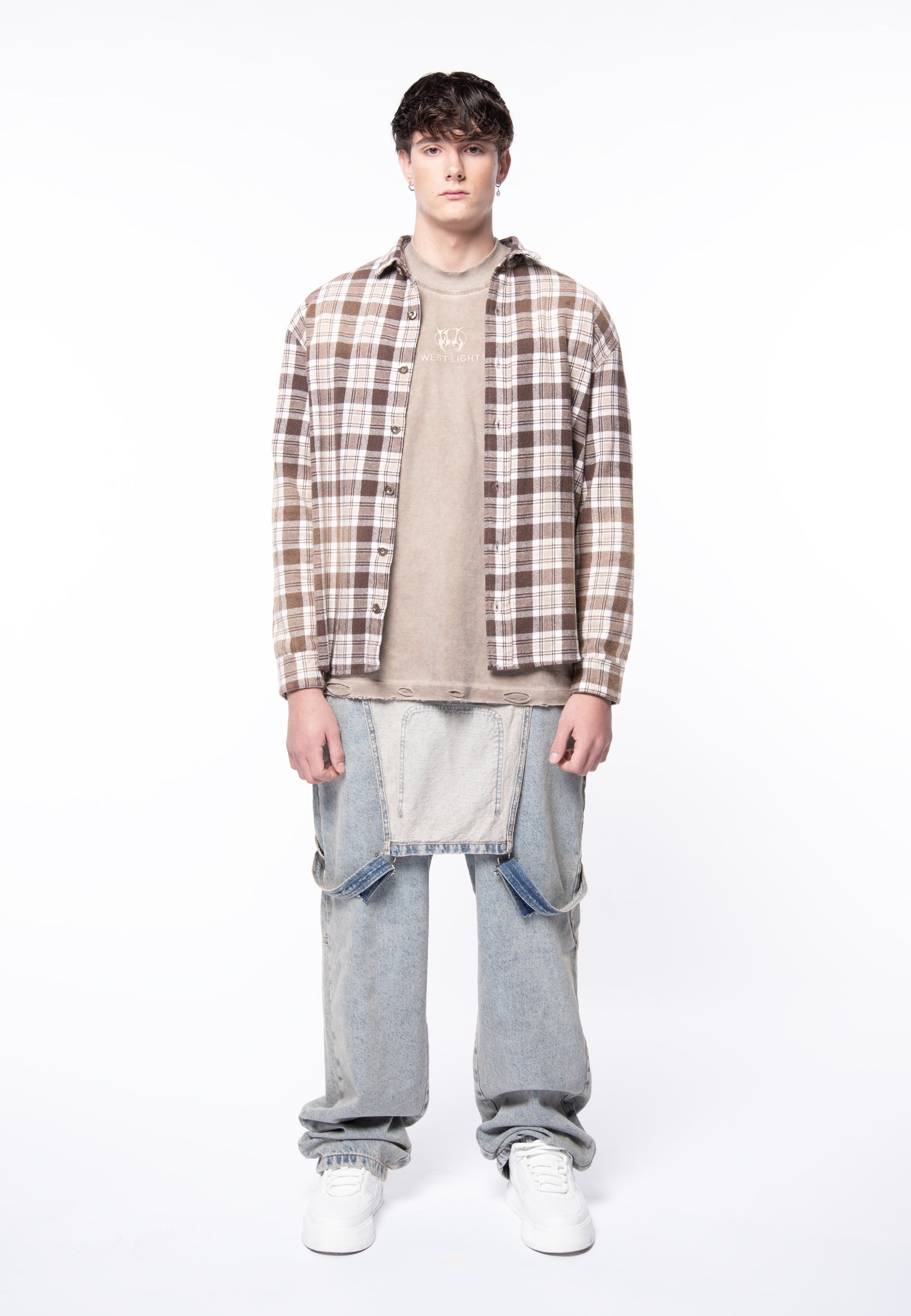 Acid wash wide denim dungarees