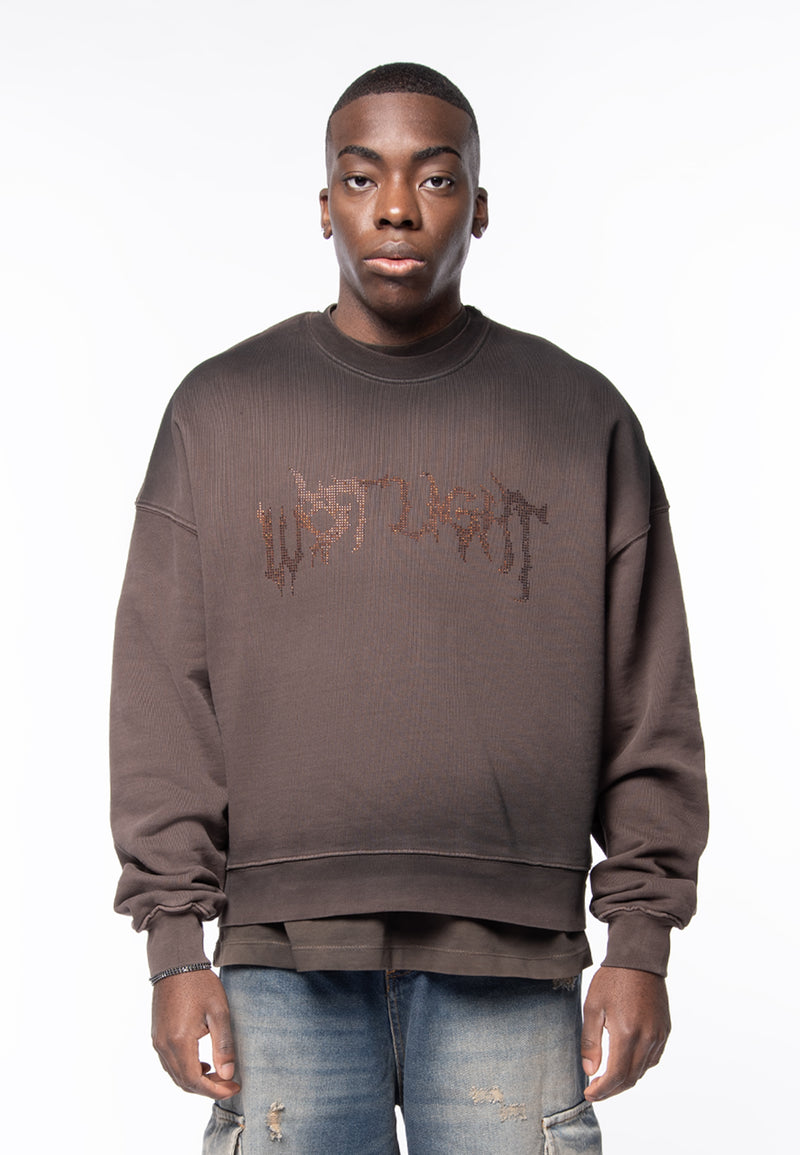 Felpa cropped brown spray e logo strass