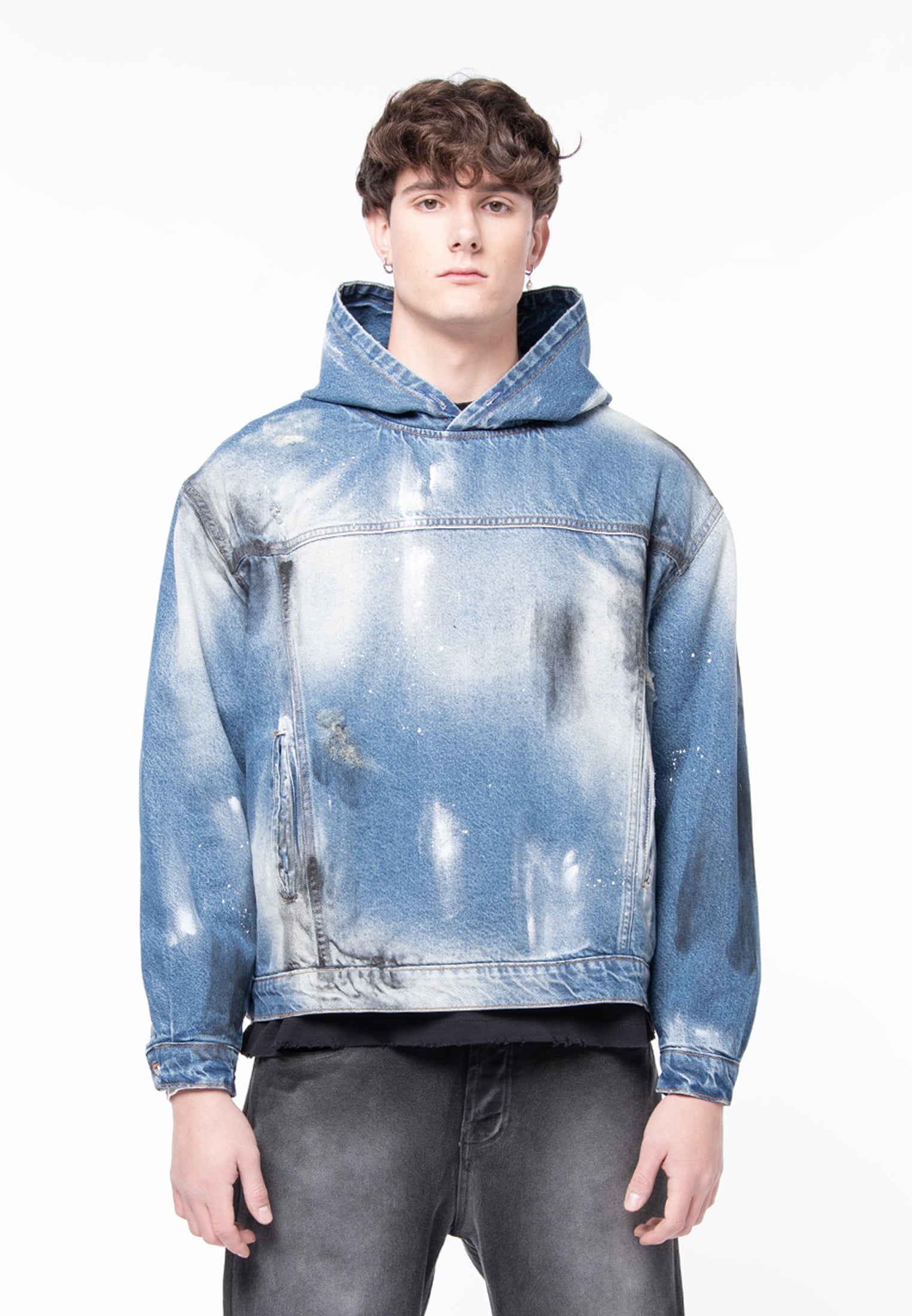 Dirty &amp; distressed denim hoody jacket